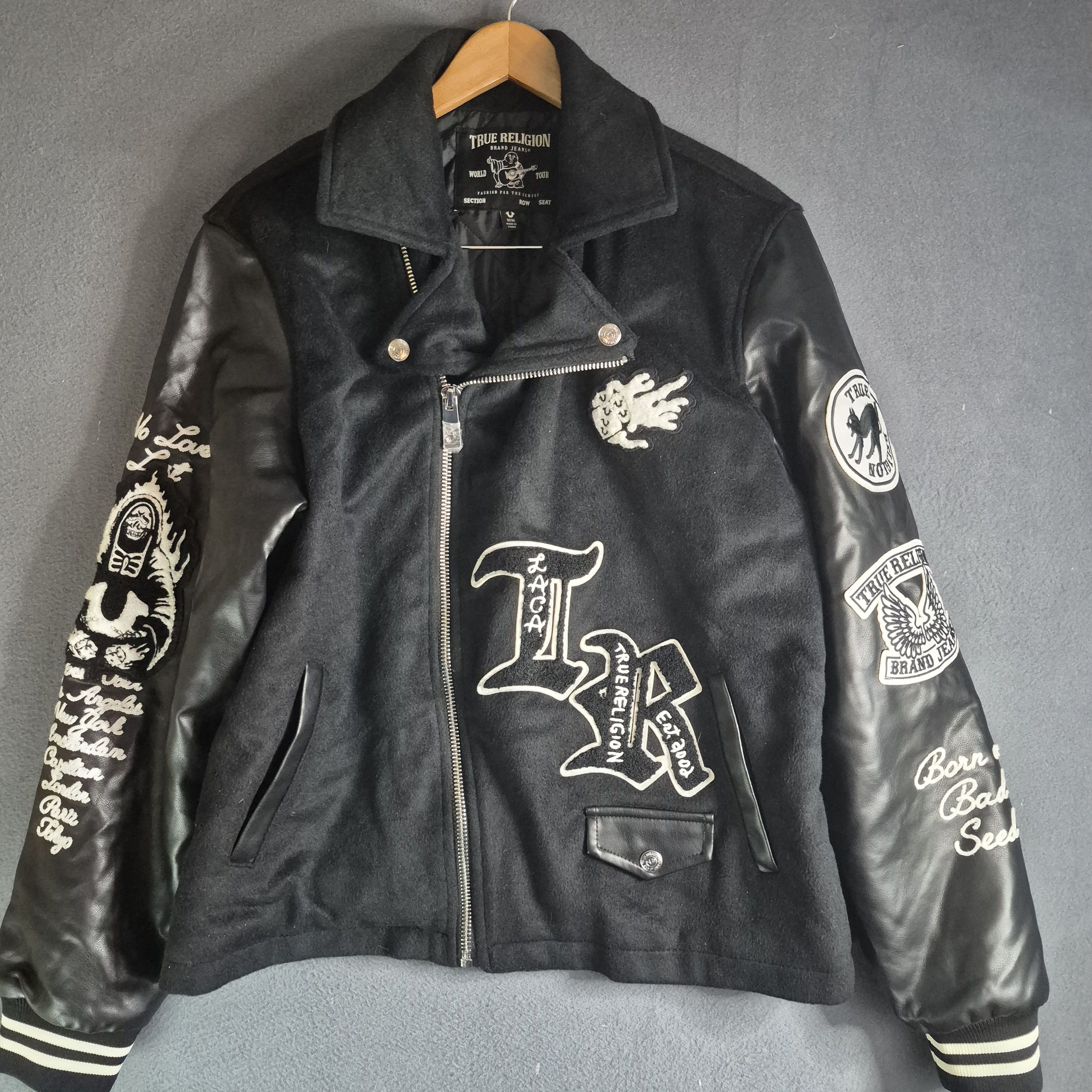 True Religion Varsity Leather Jackrt Black Patch Logo Mens Medium